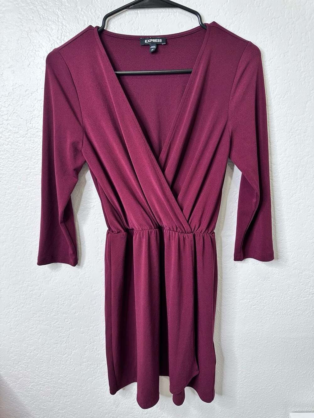Express Burgundy V-Neck 3/4 Sleeve Wrap Style Mini Dress - XS